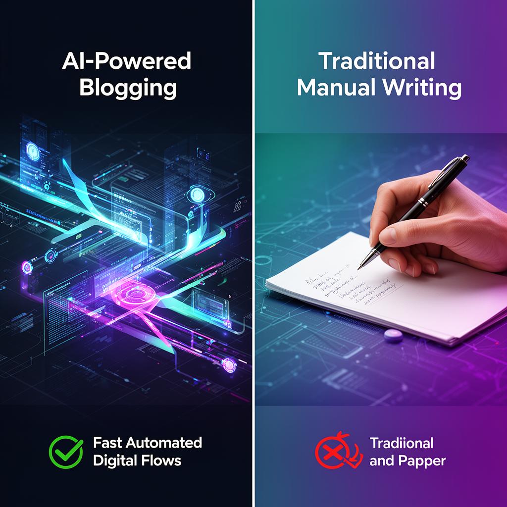 Comparison of AI-powered blogging versus traditional manual writing showing fast automated digital flow versus slower manual process