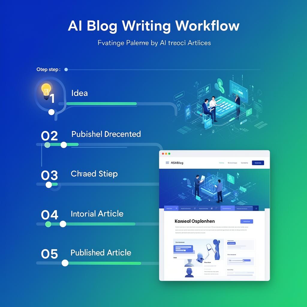 Step-by-step AI blog writing workflow showing numbered steps from idea to published article