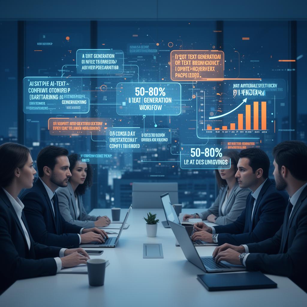 Business team collaborating with AI text generation workflow showing productivity charts and time savings metrics