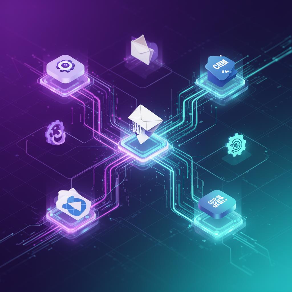 Enterprise AI workflow integration showing connected business systems like CRM, email, and content management