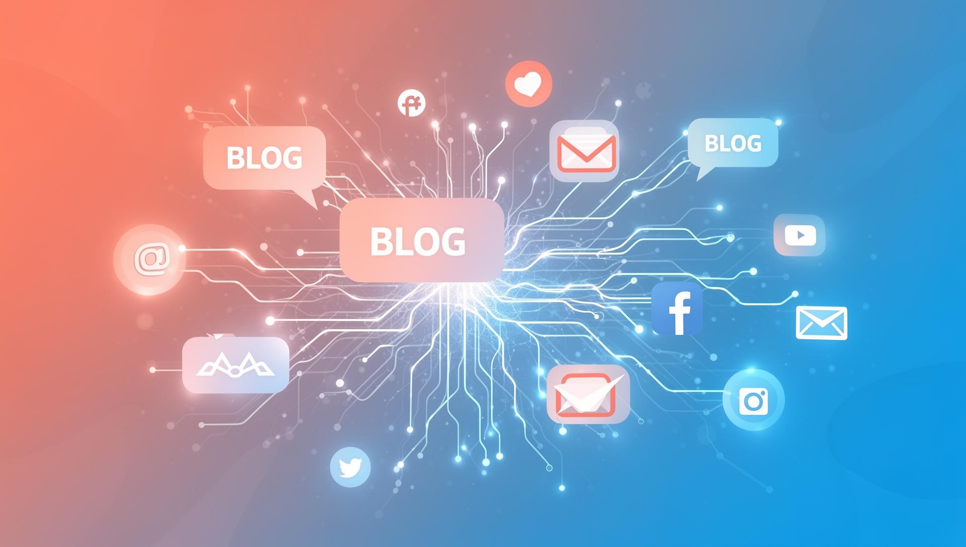Abstract digital composition showing email envelope, blog document and social media icons floating with AI neural network connections