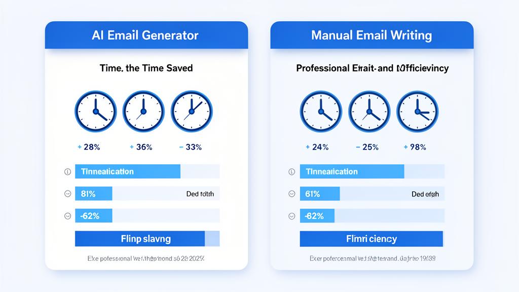 Comparison chart showing AI email generator versus manual email writing with time saved and efficiency metrics for professional email creation