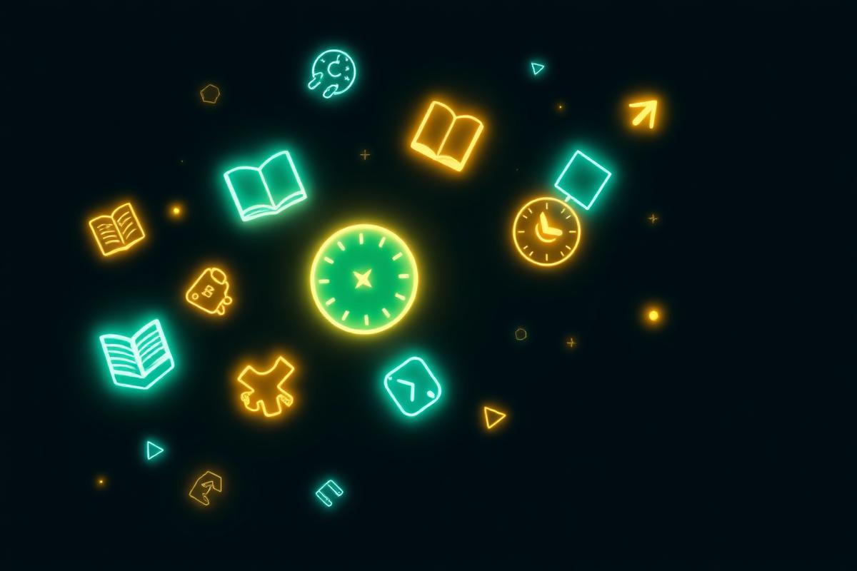 Creative writing benefits showing story icons, time-saving elements, and productivity symbols floating in an abstract space