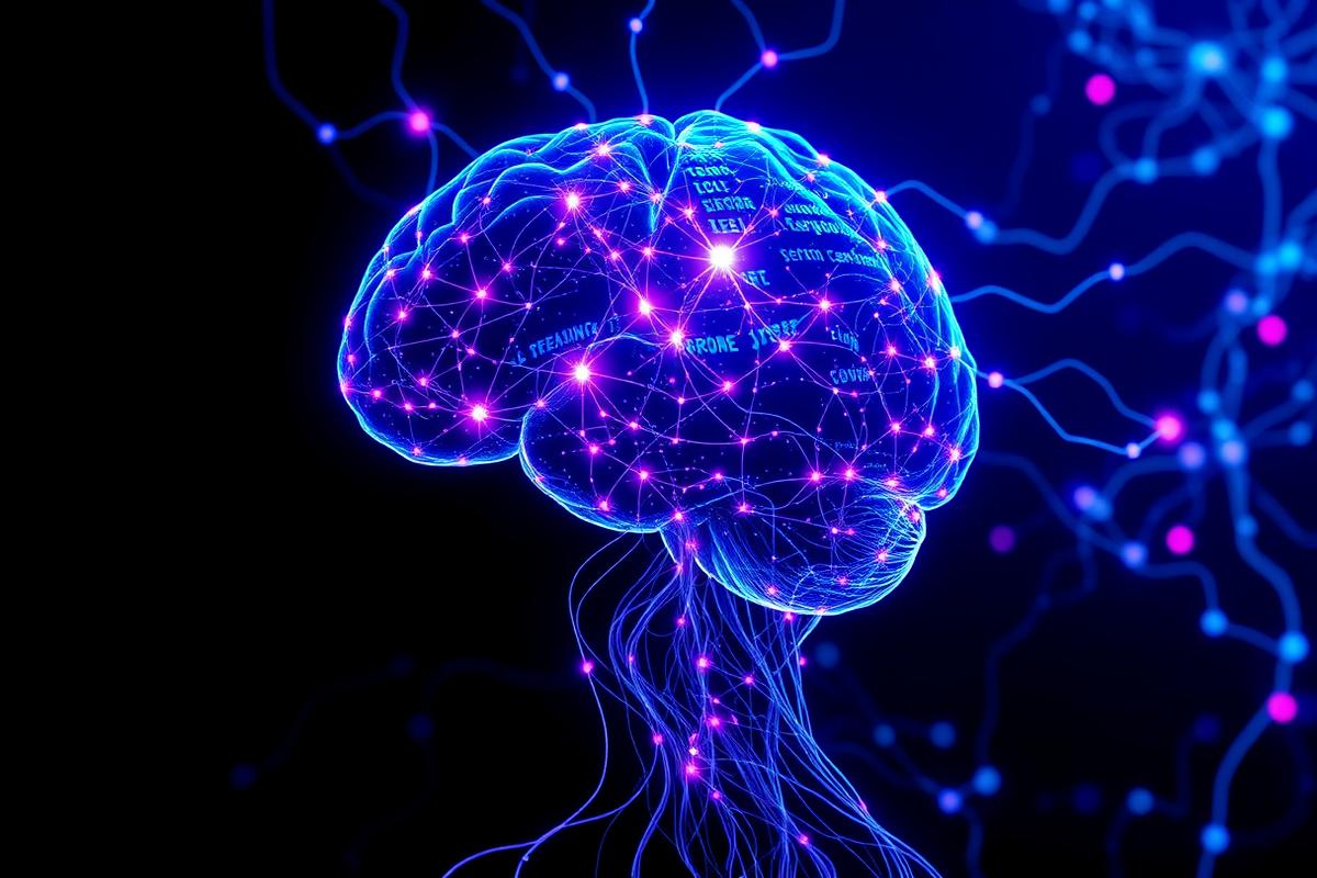 Neural network brain processing creative writing and story generation with glowing synapses representing narrative creation