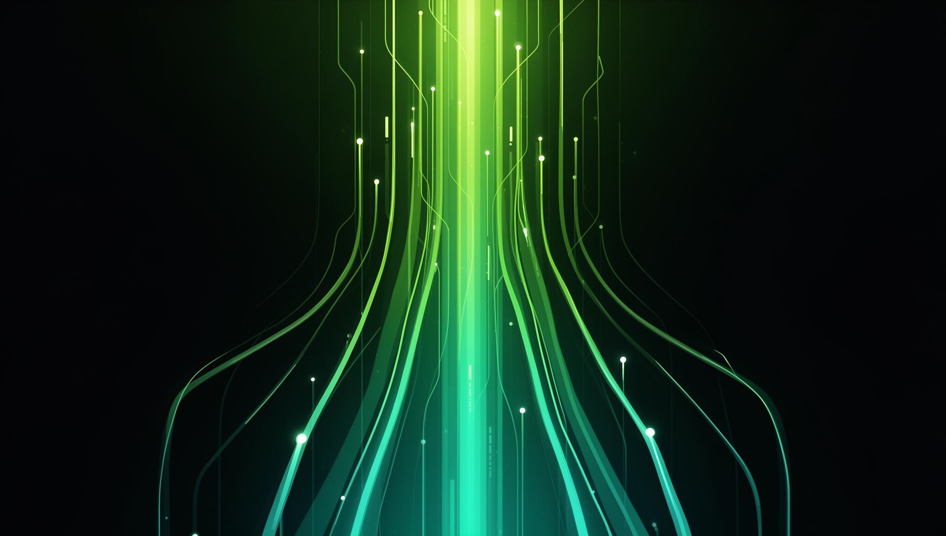 Abstract visualization of AI productivity benefits with flowing data streams and efficiency symbols