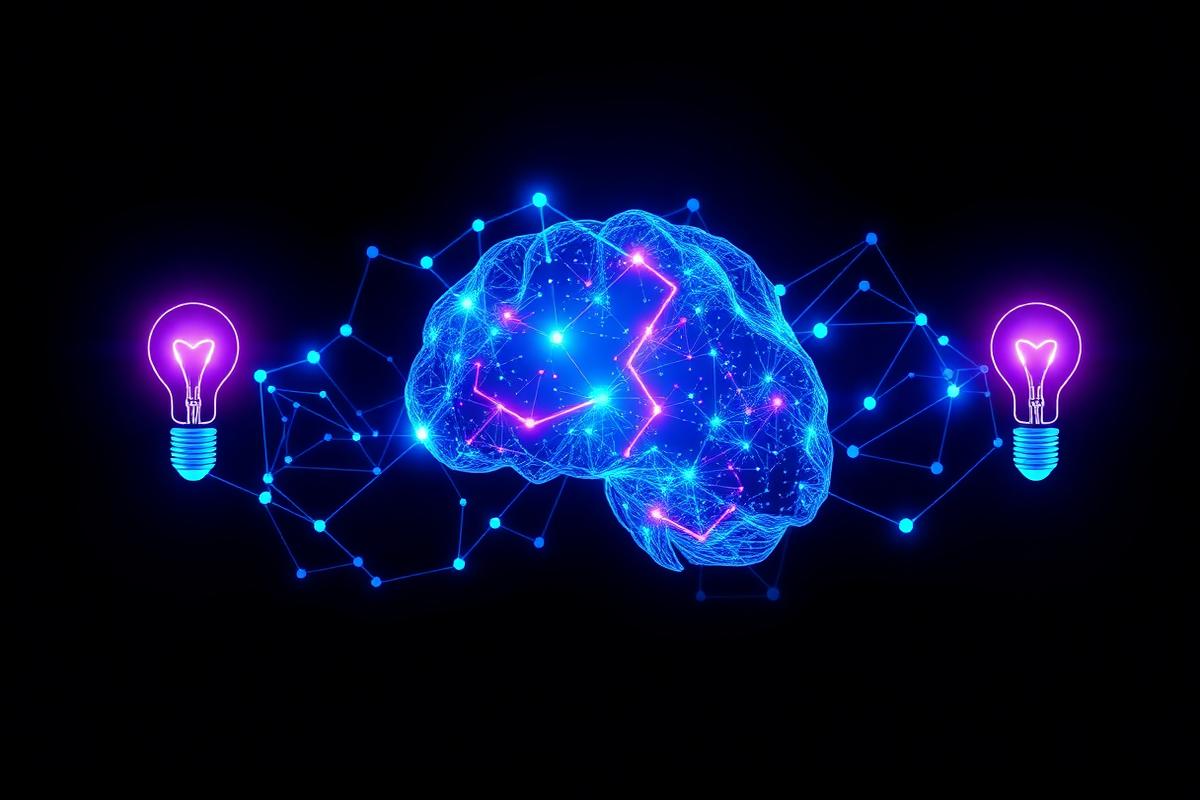AI creativity concept showing neural network generating lightbulb ideas for creative writing inspiration