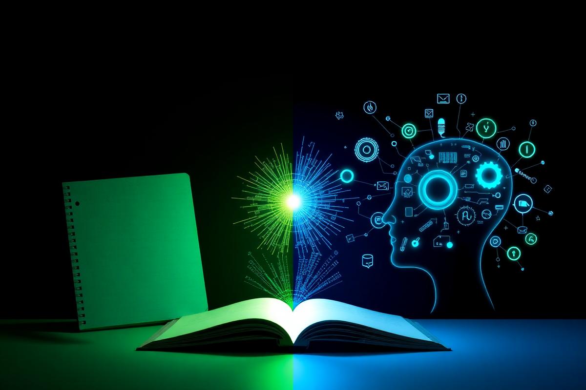 Comparison of traditional notebook brainstorming versus AI-powered idea generation showing the evolution of creative process