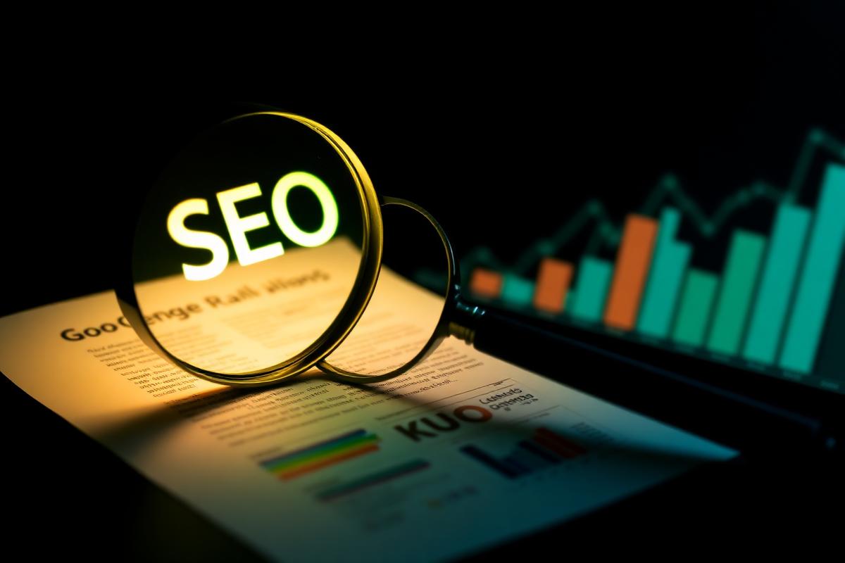 SEO optimization concept showing magnifying glass over document with ranking charts and analytics